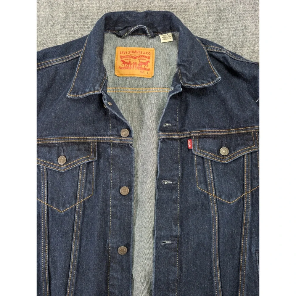 levis trucker cotton blue denim jacket coat mens size l dark wash outerwear